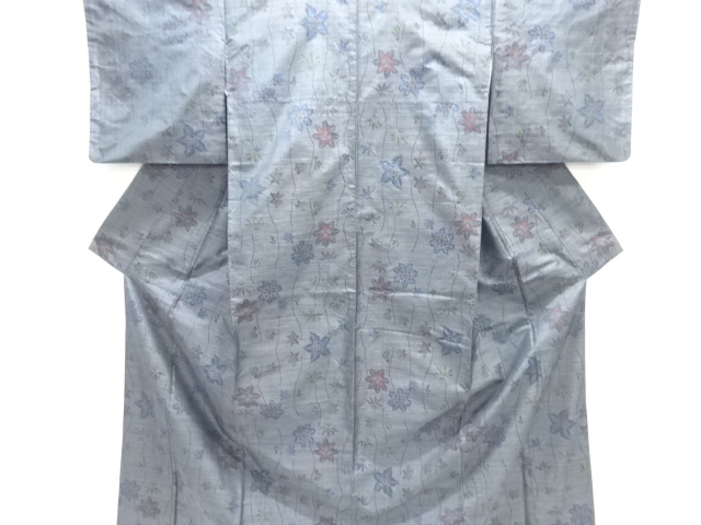 JAPANESE KIMONO / SILK / DORO OSHIMA TSUMUGI / WOVEN WAVY STRIPE & FLOWERS